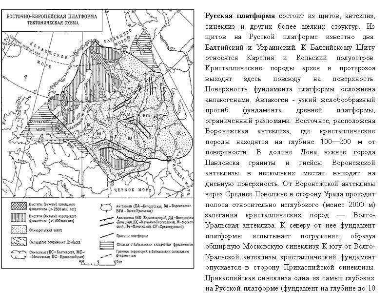 Русская платформа состоит из щитов, антеклиз, синеклиз и других более мелких структур. Из щитов